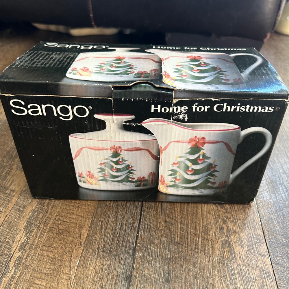Sango Home for Christmas Sugar and Creamer 3 Piece Set Holiday Stoneware New